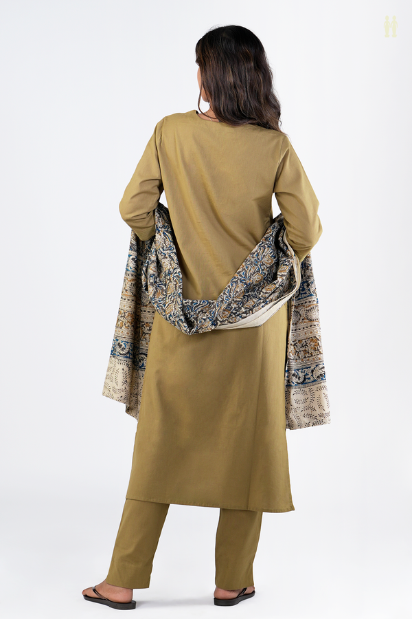 V-Neck Plain Cardamom Green Cotton Salwar Set