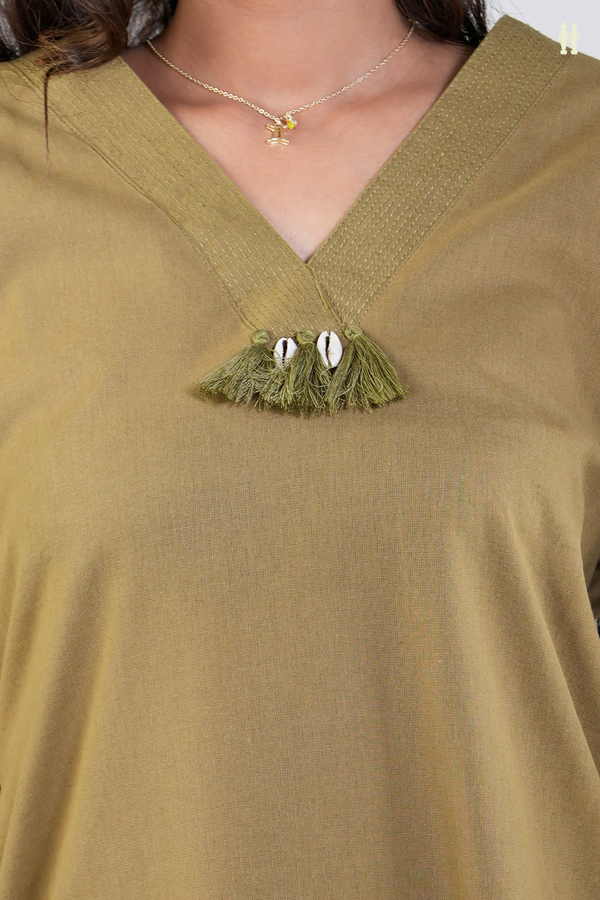 V-Neck Plain Cardamom Green Cotton Salwar Set