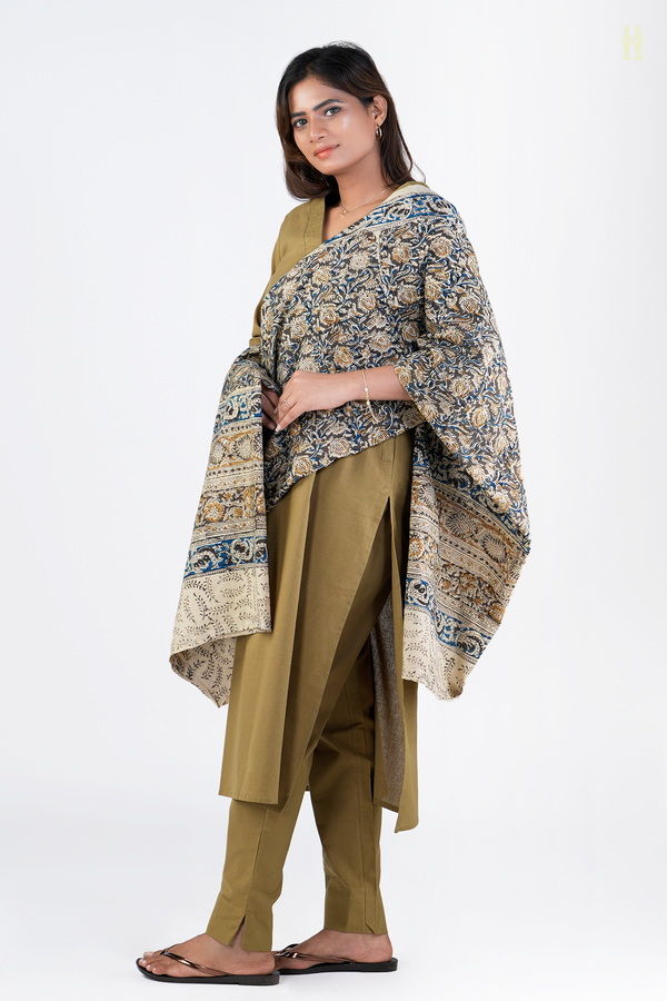 V-Neck Plain Cardamom Green Cotton Salwar Set