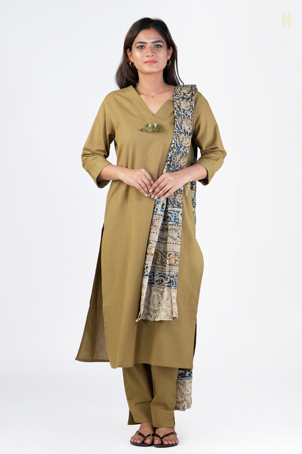 V-Neck Plain Cardamom Green Cotton Salwar Set