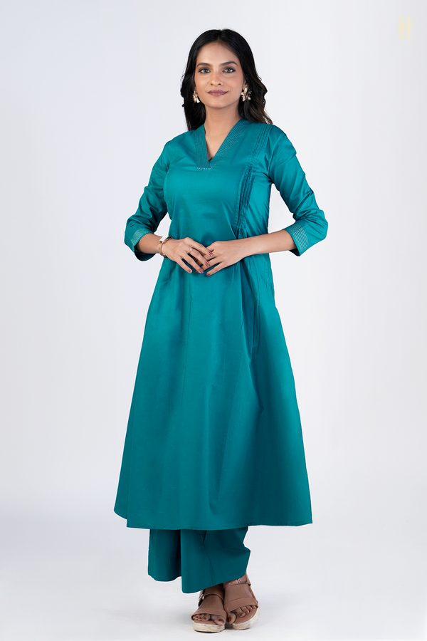 V-neck Plain Teal Blue Cotton Salwar Set