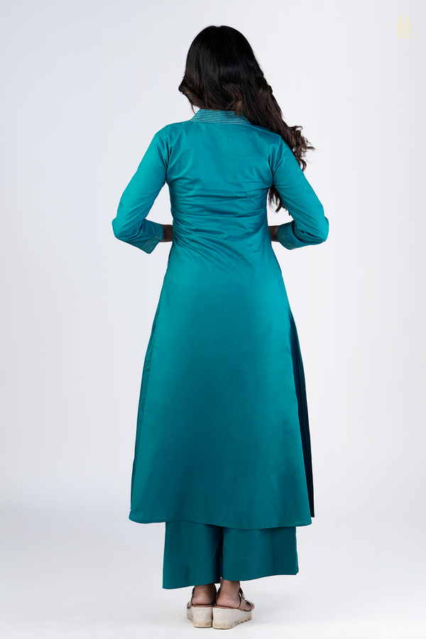 V-neck Plain Teal Blue Cotton Salwar Set
