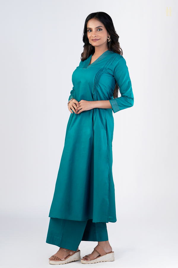 V-neck Plain Teal Blue Cotton Salwar Set