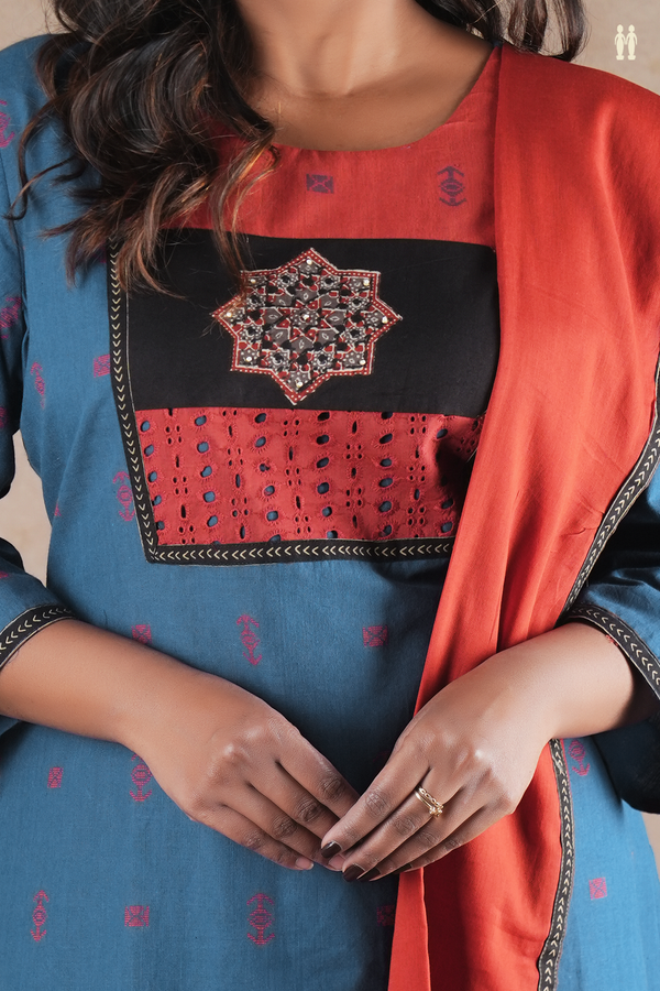 Round Neck Threadwork Buttas Oxford Blue Cotton Salwar Set