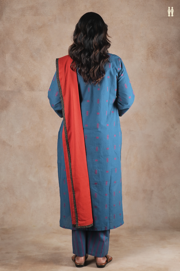 Round Neck Threadwork Buttas Oxford Blue Cotton Salwar Set