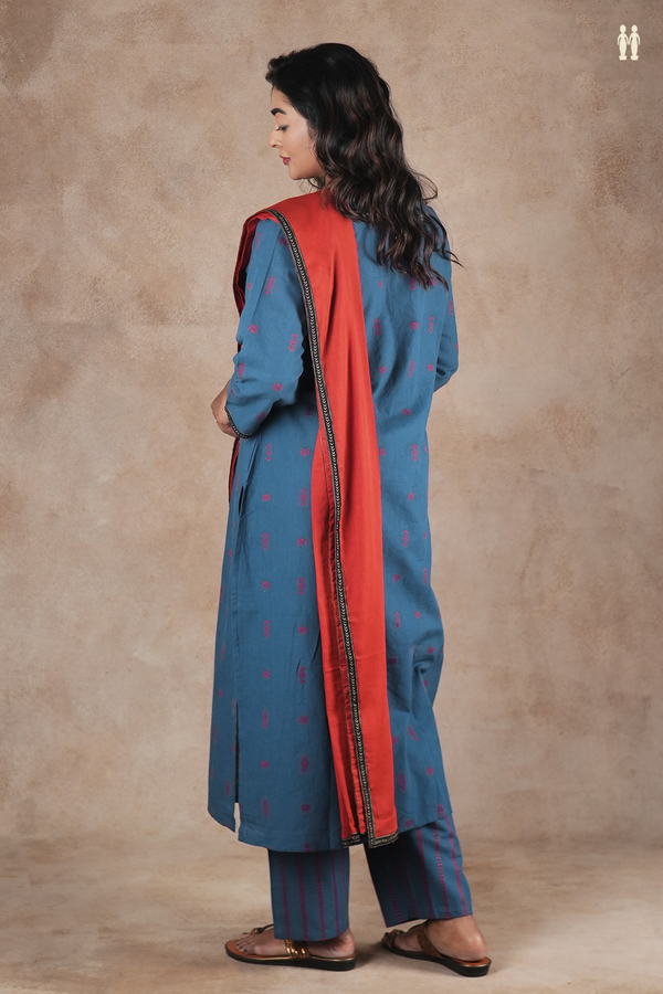 Round Neck Threadwork Buttas Oxford Blue Cotton Salwar Set