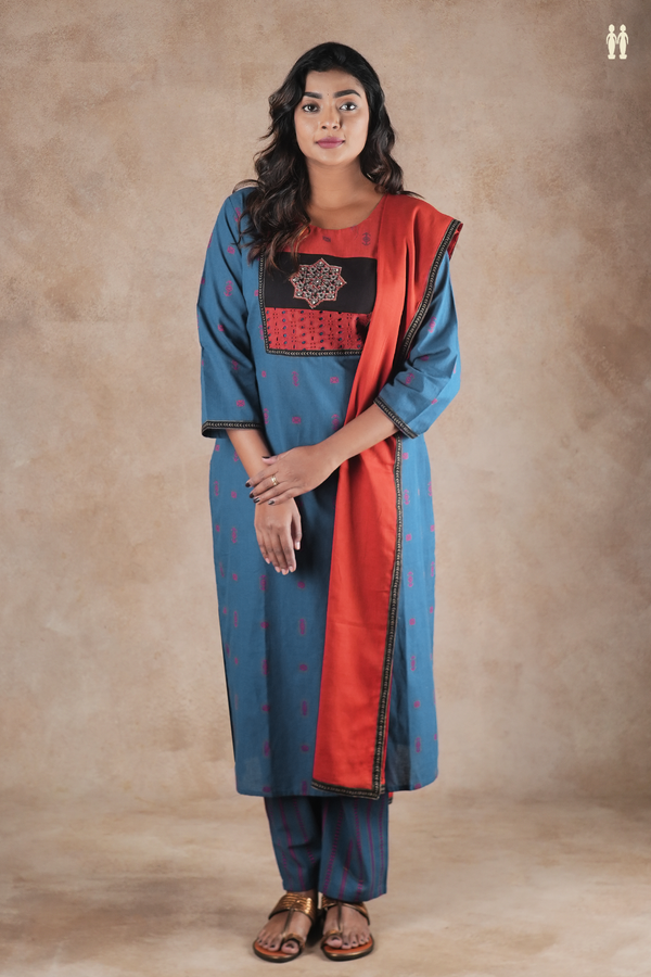 Round Neck Threadwork Buttas Oxford Blue Cotton Salwar Set