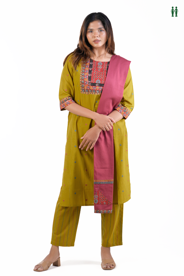 Round Neck Threadwork Buttas Olive Yellow Cotton Salwar Set