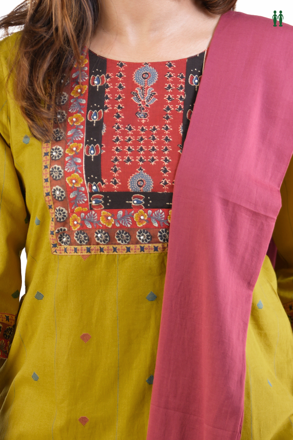 Round Neck Threadwork Buttas Olive Yellow Cotton Salwar Set