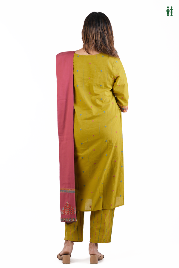 Round Neck Threadwork Buttas Olive Yellow Cotton Salwar Set