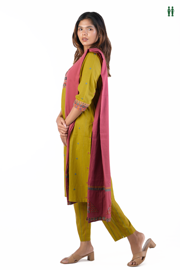 Round Neck Threadwork Buttas Olive Yellow Cotton Salwar Set