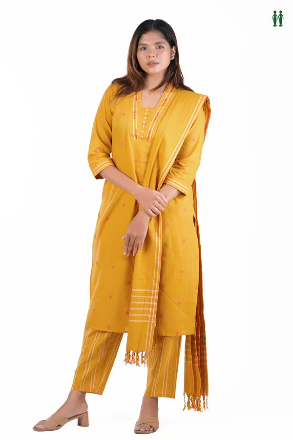 V-neck Threadwork Design Golden Yellow Cotton Salwar Set