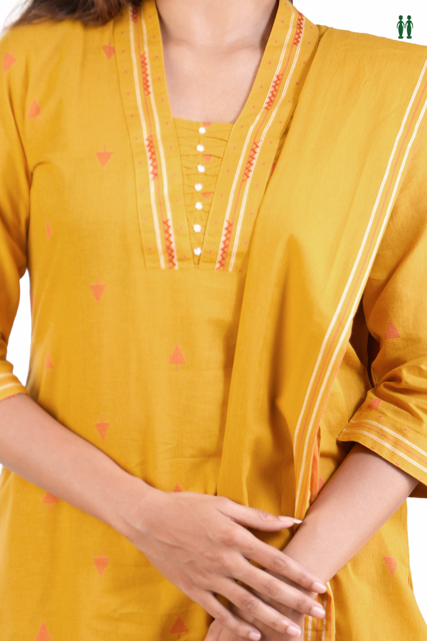 V-Neck Threadwork Design Golden Yellow Cotton Salwar Set