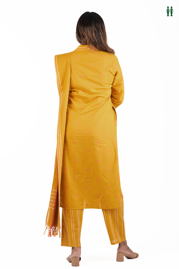 V-Neck Threadwork Design Golden Yellow Cotton Salwar Set