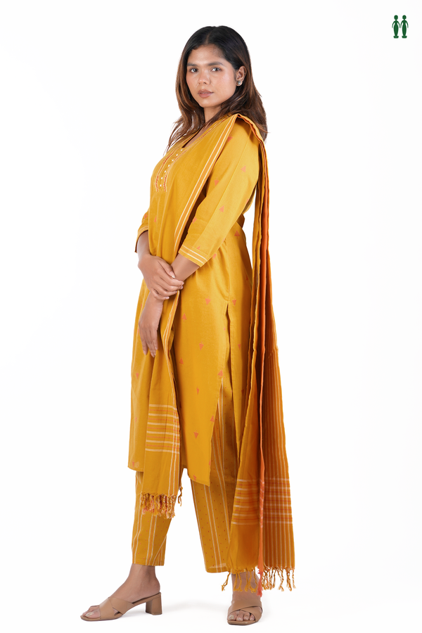 V-Neck Threadwork Design Golden Yellow Cotton Salwar Set