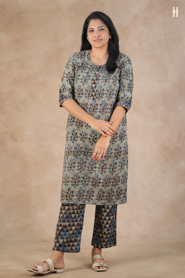 Round Neck Printed Design Dusty Green Cotton Salwar Set