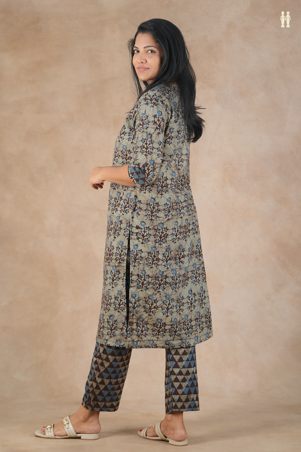 Round Neck Printed Design Dusty Green Cotton Salwar Set