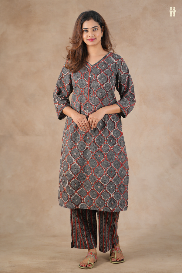 V-Neck Printed Design Grey Cotton Salwar Set