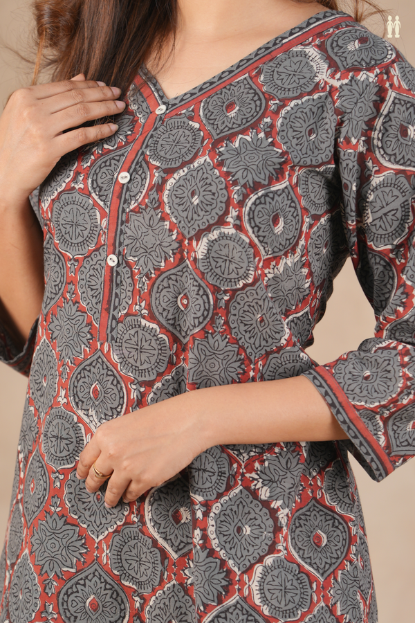 V-Neck Printed Design Grey Cotton Salwar Set