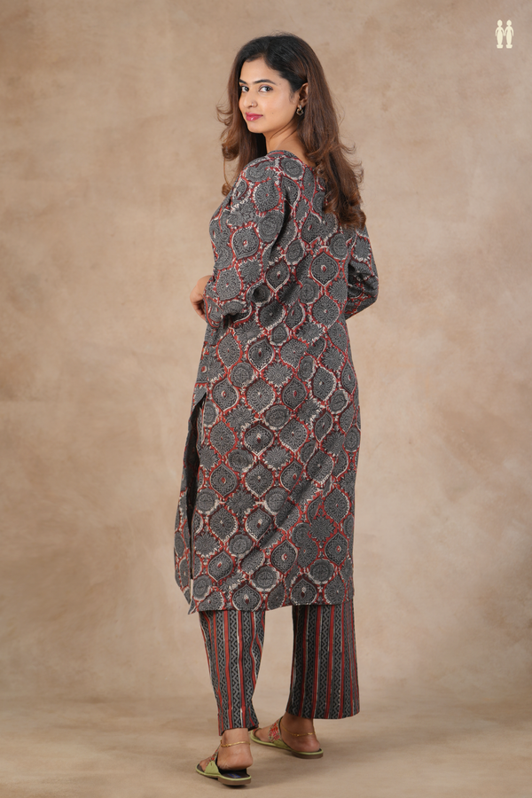 V-Neck Printed Design Grey Cotton Salwar Set