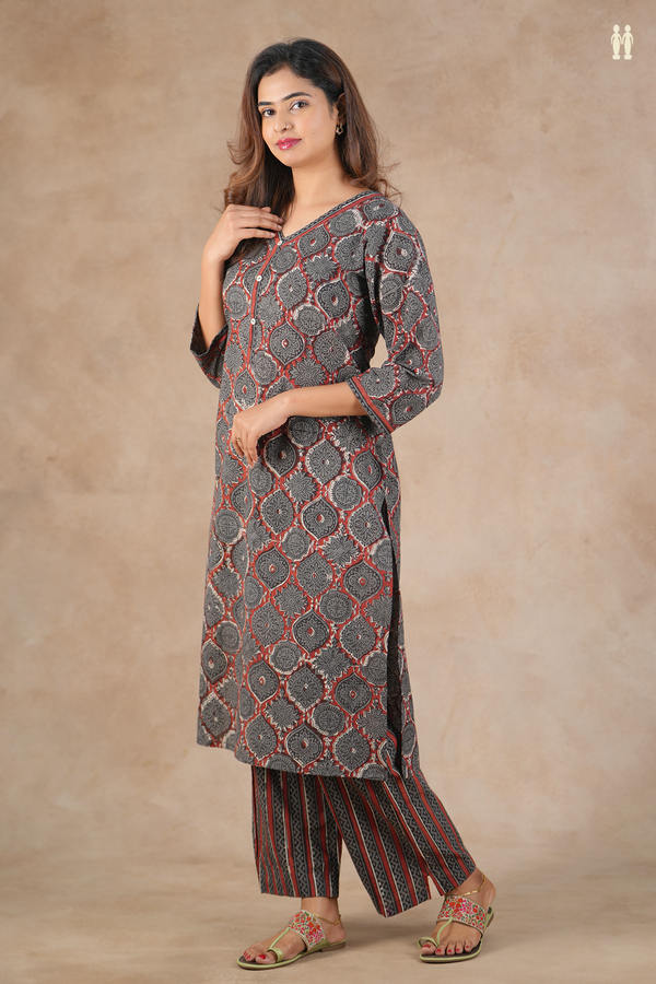 V-Neck Printed Design Grey Cotton Salwar Set