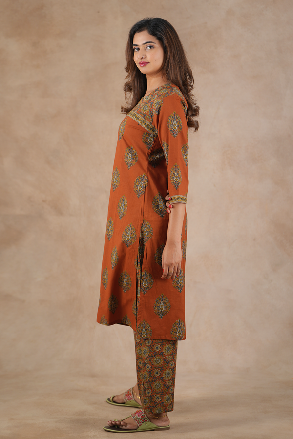 Split Neck Floral Motifs Rust Brown Cotton Salwar Set