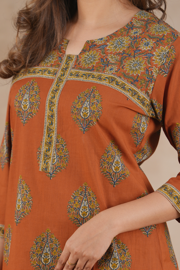 Split Neck Floral Motifs Rust Brown Cotton Salwar Set