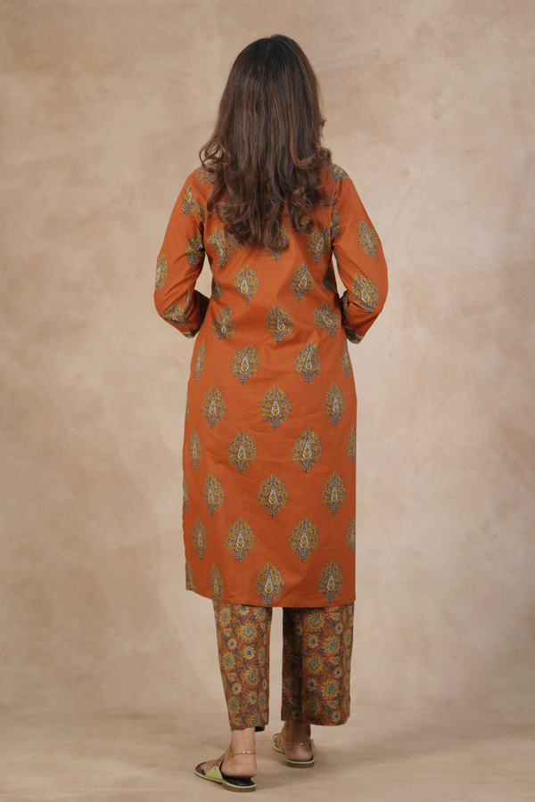 Split Neck Floral Motifs Rust Brown Cotton Salwar Set