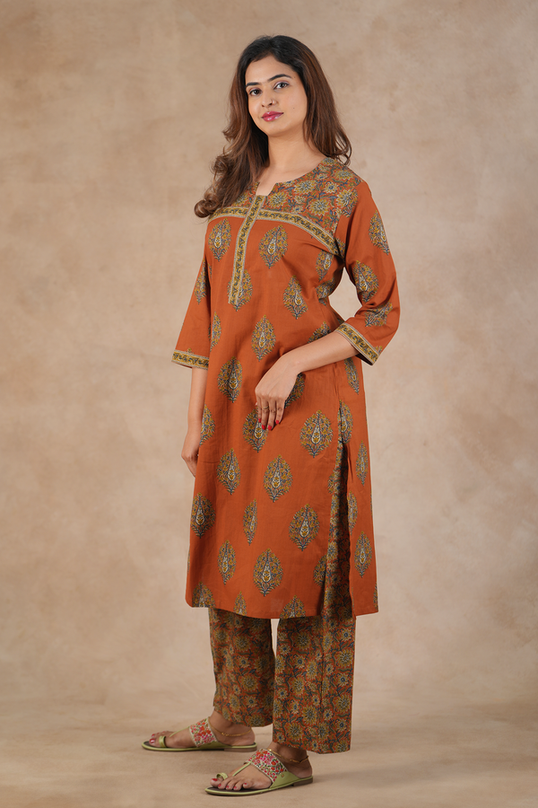 Split Neck Floral Motifs Rust Brown Cotton Salwar Set