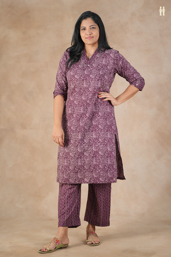 V-Neck Printed Design Grape Purple Cotton Salwar Set