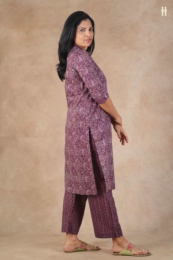 V-Neck Printed Design Grape Purple Cotton Salwar Set