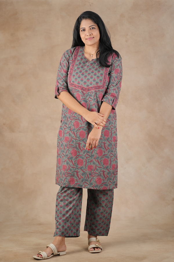 Split Neck Floral Design Greenish Grey Cotton Salwar Set