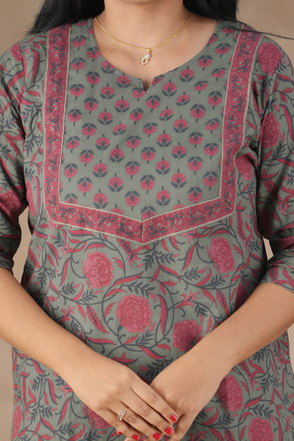 Split Neck Floral Design Greenish Grey Cotton Salwar Set