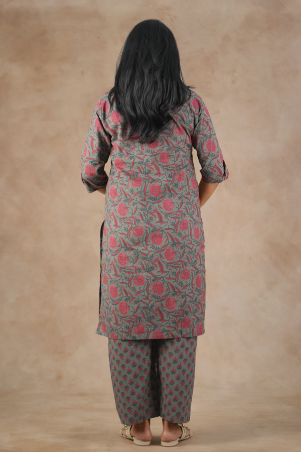 Split Neck Floral Design Greenish Grey Cotton Salwar Set