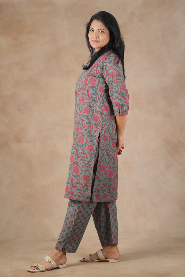 Split Neck Floral Design Greenish Grey Cotton Salwar Set