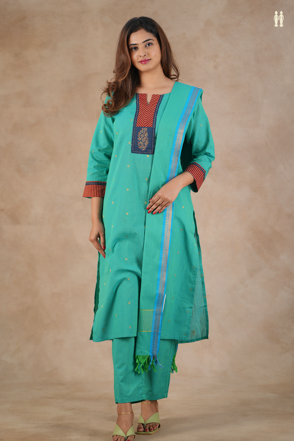 Split Neck Zari Buttas Bluish Green Silk Cotton Salwar Set