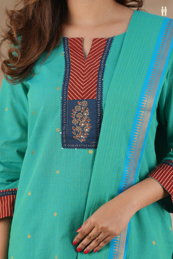Split Neck Zari Buttas Bluish Green Silk Cotton Salwar Set