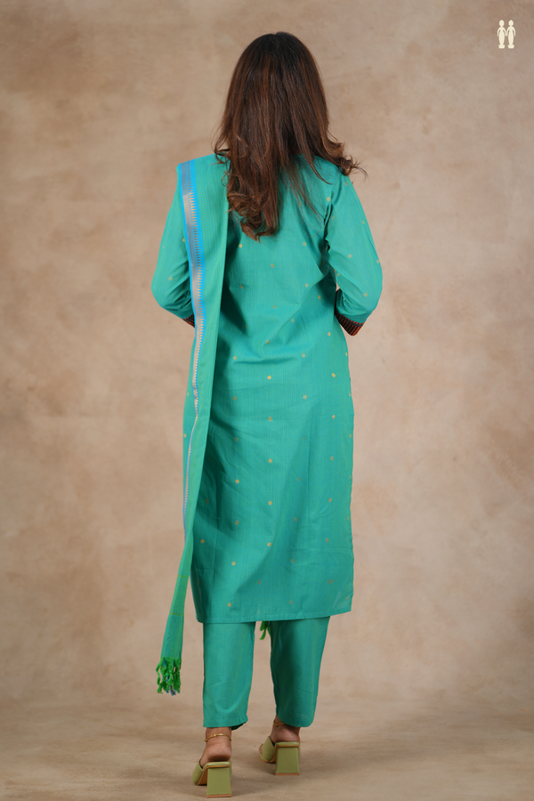 Split Neck Zari Buttas Bluish Green Silk Cotton Salwar Set