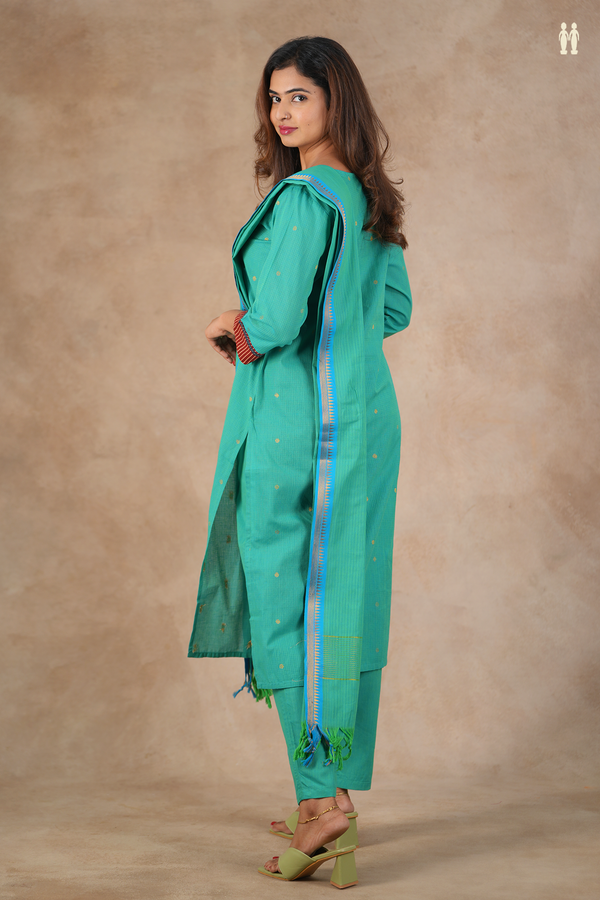 Split Neck Zari Buttas Bluish Green Silk Cotton Salwar Set
