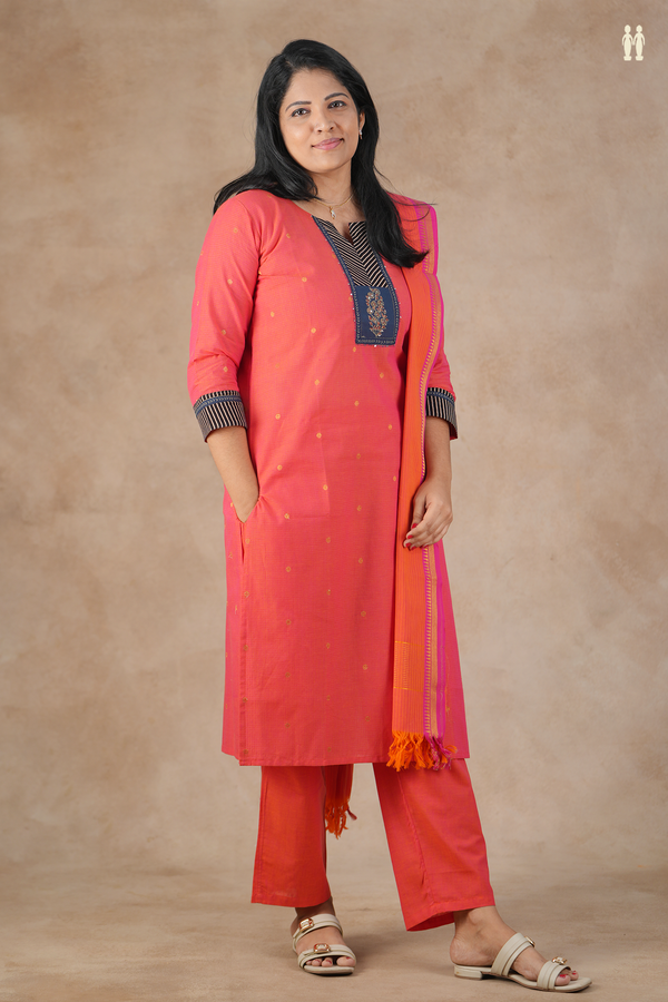 Split Neck Zari Buttis Coral Pink Silk Cotton Salwar Set
