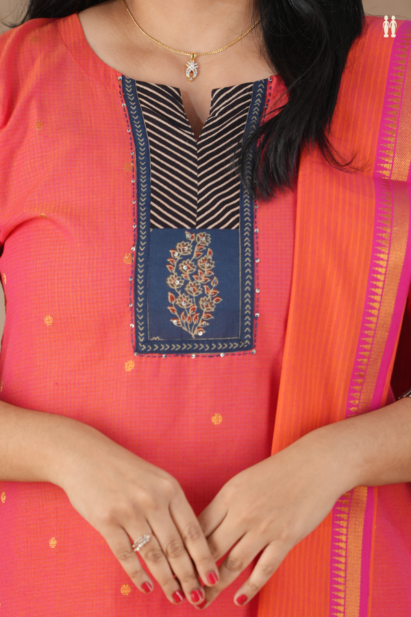 Split Neck Zari Buttis Coral Pink Silk Cotton Salwar Set