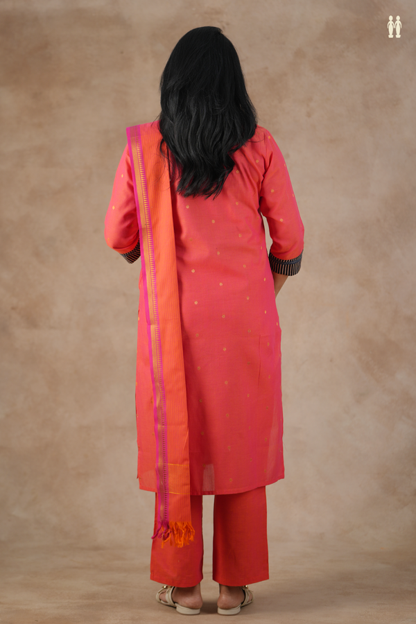 Split Neck Zari Buttis Coral Pink Silk Cotton Salwar Set