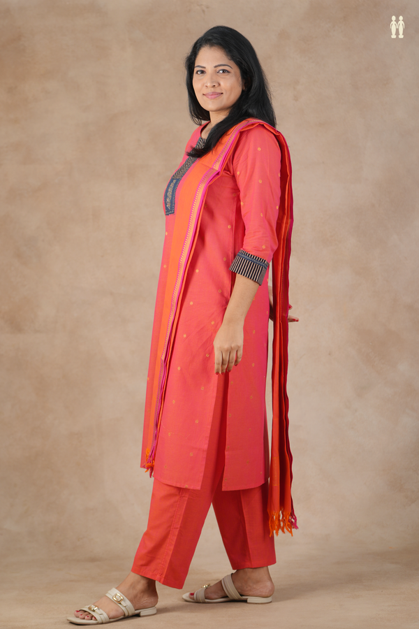 Split Neck Zari Buttis Coral Pink Silk Cotton Salwar Set