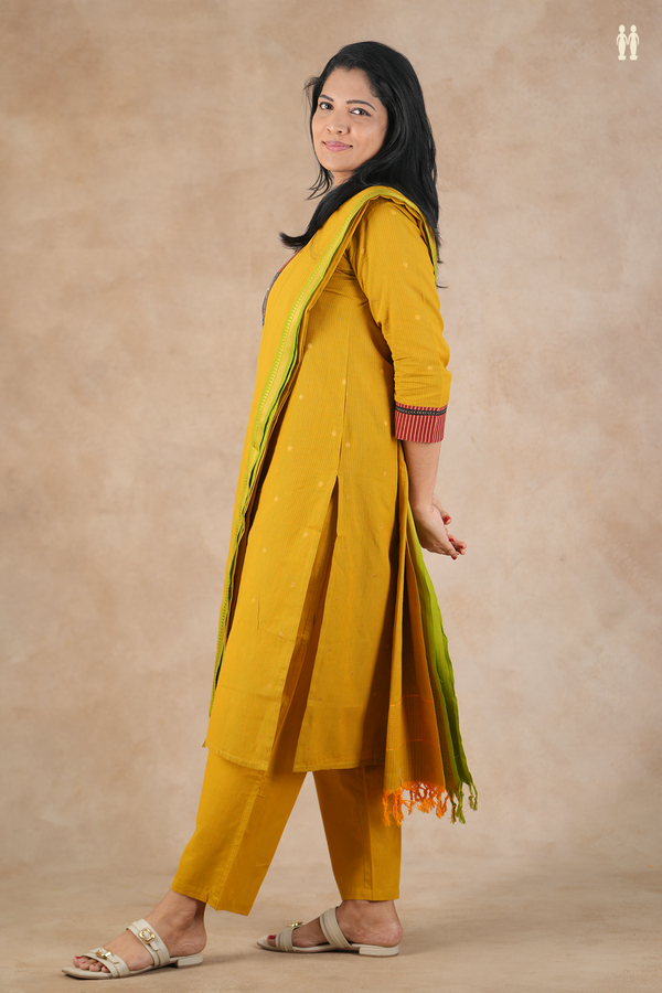 Split Neck Zari Buttis Golden Yellow Silk Cotton Salwar Set