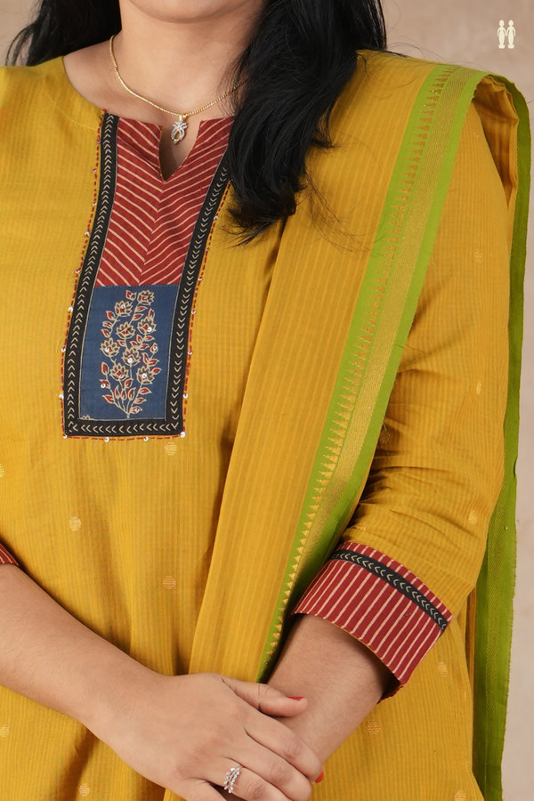 Split Neck Zari Buttis Golden Yellow Silk Cotton Salwar Set