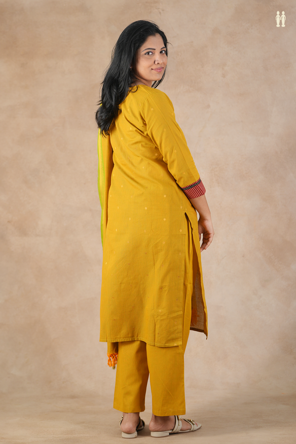 Split Neck Zari Buttis Golden Yellow Silk Cotton Salwar Set