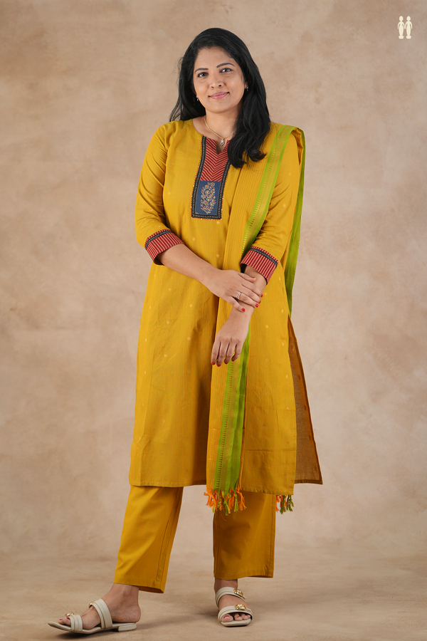 Split Neck Zari Buttis Golden Yellow Silk Cotton Salwar Set