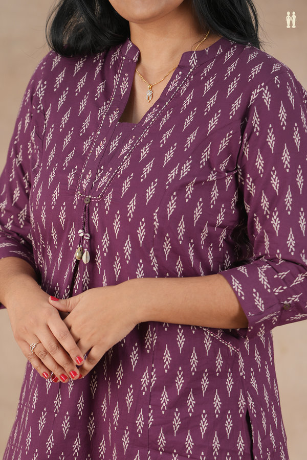 Mandarin Neck Printed Design Grape Purple Cotton Salwar Set