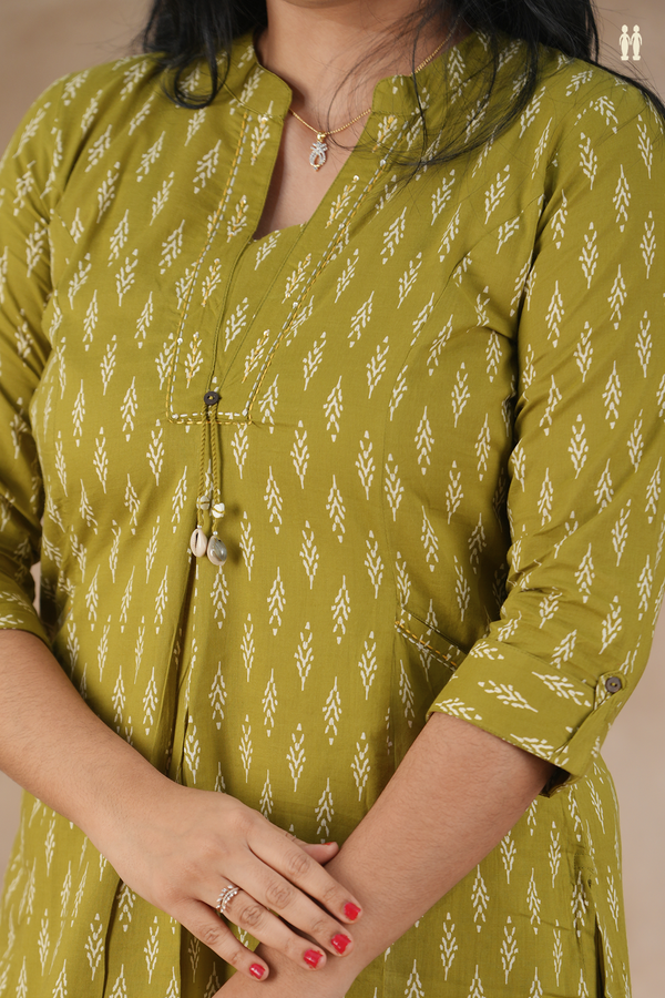 Mandarin Neck Printed Design Green Cotton Salwar Set