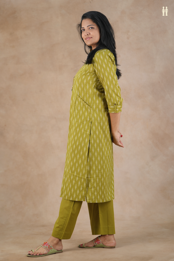 Mandarin Neck Printed Design Green Cotton Salwar Set